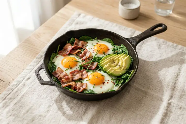 Bacon, egg and avocado skillet