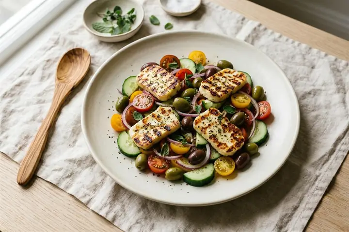 Greek salad with grilled halloumi