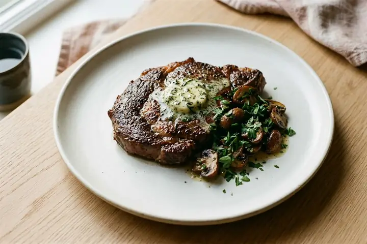 Ribeye with herb butter and mushrooms
