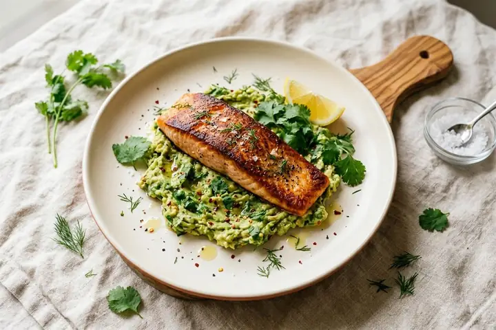 Seared salmon with smashed avocado