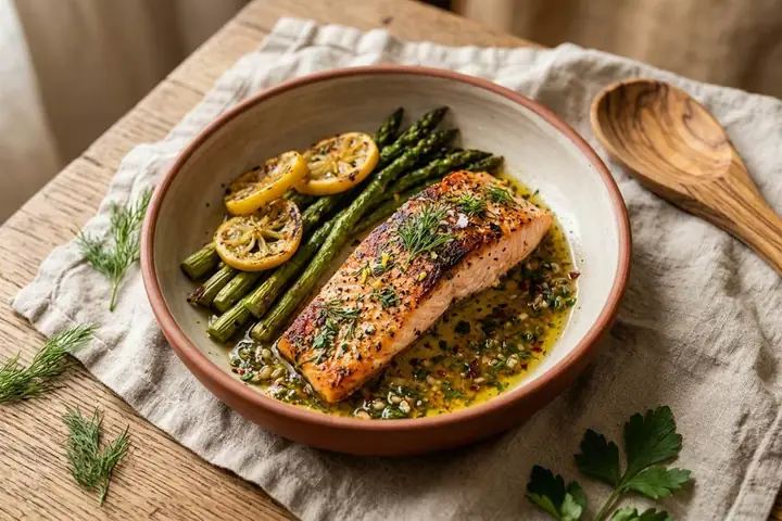 Salmon with lemon asparagus