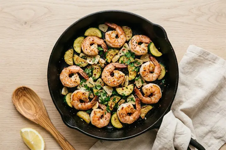 Garlic shrimp with zucchini ribbons