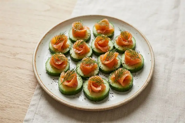 Smoked salmon on cucumber rounds