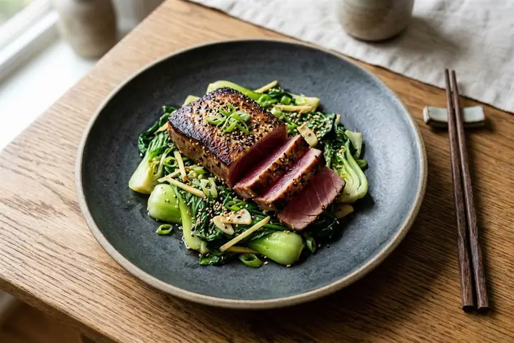 Seared tuna with sesame greens