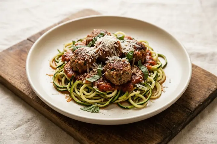 Zucchini noodles with meatballs and parmesan