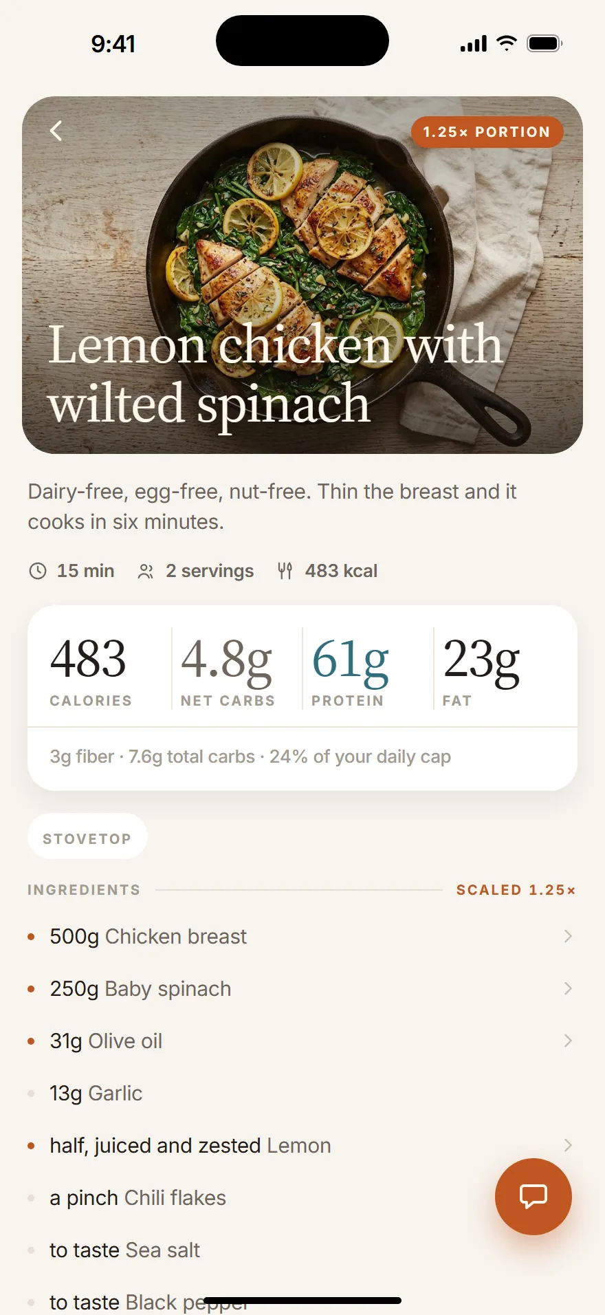 A recipe page for lemon chicken with wilted spinach at a 1.25 times portion: 483 calories, 4.8g net carbs, 61g protein.
